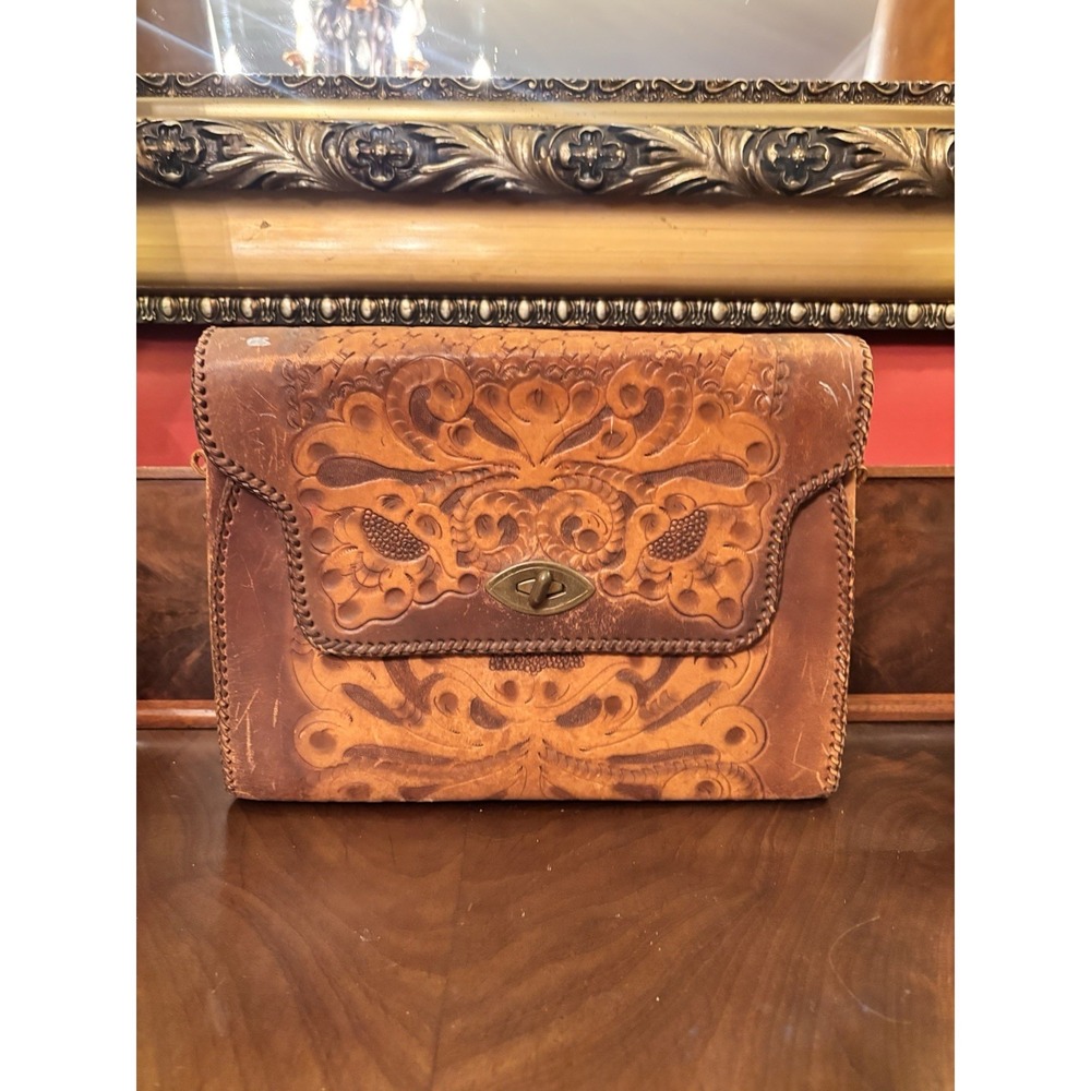 Vintage Clifton's Hand Tooled Leather Handbag‎ Purse Brown Western Satchel Bag